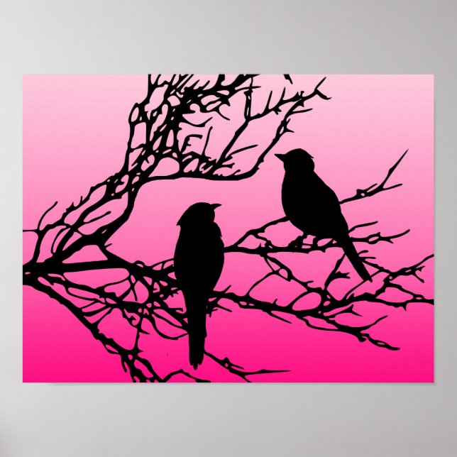 Póster Pássaros em um Galho, Preto Contra Rosa Aurora (Frente)