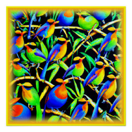 Póster Pássaros Na Pintura De Árvores. Comprar Agora