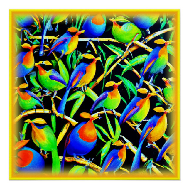 Póster Pássaros Na Pintura De Árvores. Comprar Agora (Frente)