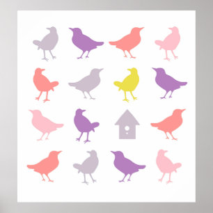 Poster Pássaros Pastel Rosa e Roxo com Casa de Pássaros