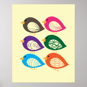 Poster Pássaros quirky colorido e giros