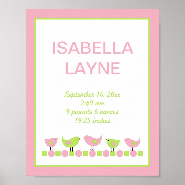 Póster Pássaros Rosa e Verde Rapariga Arte de Muro (Frente)