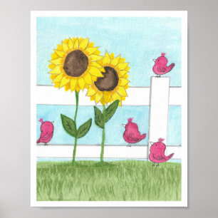 Poster Pássaros Rosa & Girassóis