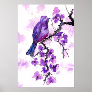 Poster Pássaros Roxos e Blossomas