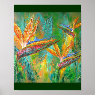 Póster Pássaros tropicais das flores da pintura do