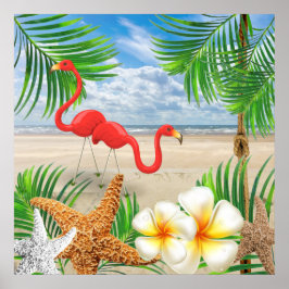 Póster Pássaros Tropicais Flamingo na praia
