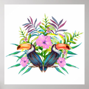 Póster Pássaros tucan tropicais e flores cor-de-rosa