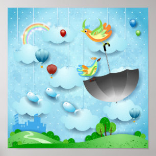 Poster Pássaros voadores e guarda-chuva sobre a cidade