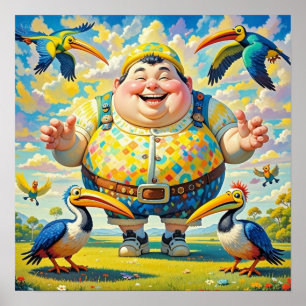 Poster Pássaros voando ao redor de um homem feliz