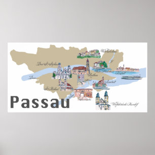 Póster Passau Alemanha destaca o mapa