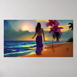 Poster Passeio ao luar na praia mulher oceano palmeiras r