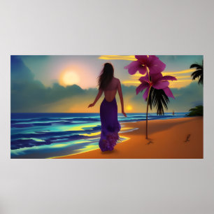 Poster Passeio ao luar na praia mulher oceano palmeiras r