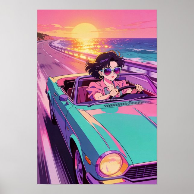 Poster Passeio Costeiro Retrô Anime Sunset dos Anos 90 (Frente)