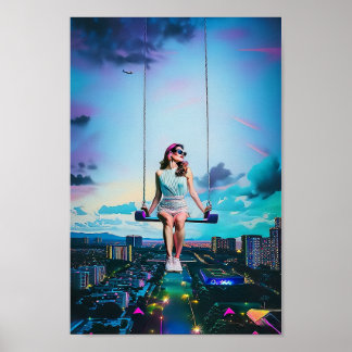 Poster Passeio da garota por cima da cidade de Synthwave
