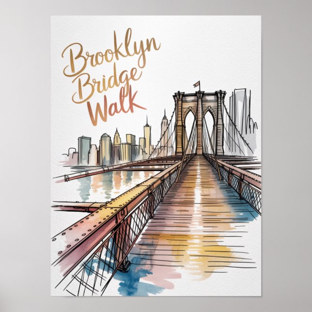 Poster Passeio da Ponte de Brooklyn Tinta e Aquarela (Frente)