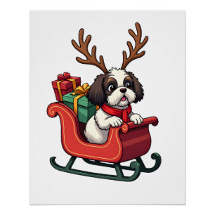Póster Passeio de Trenó do Shih Tzu Papai Noel