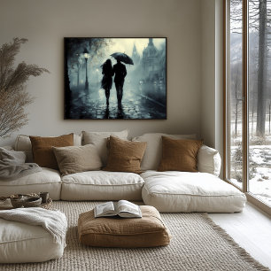 Poster Passeio Noturno Romântico sob a Chuva Arte 