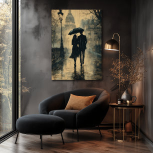 Poster Passeio Romântico na Chuva - Estilo Carvão