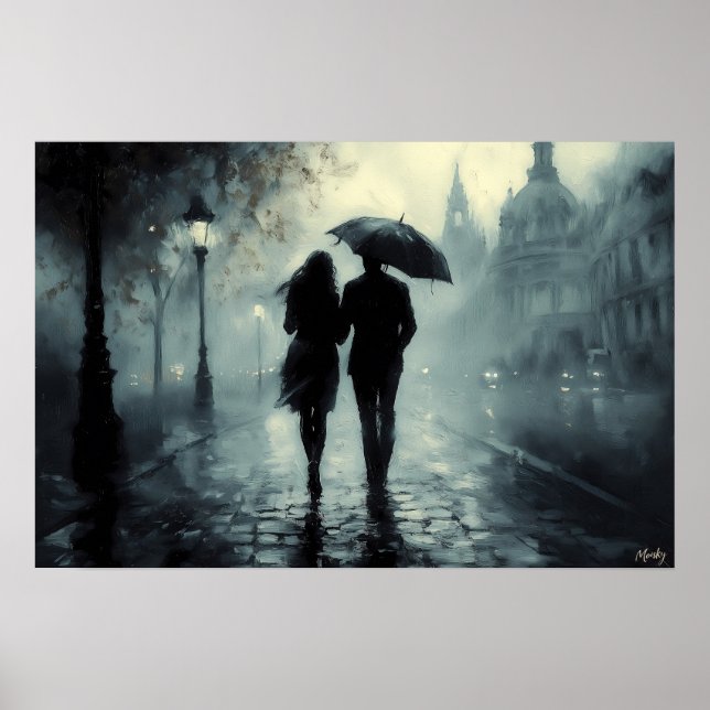 Poster Passeio Romântico Noturno sob a Chuva Arte  (Frente)