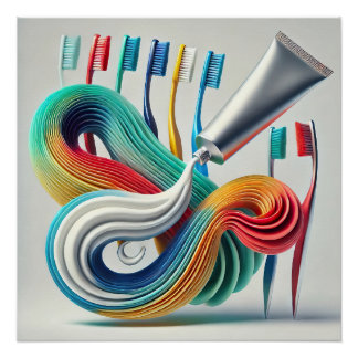 Póster Pasta de dentes colorida e Abstrato de escova de d