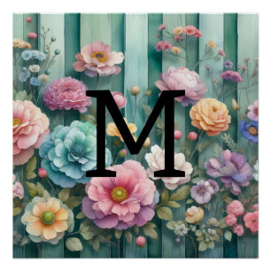 Póster Pastas de monograma com aquarela flores em madeira