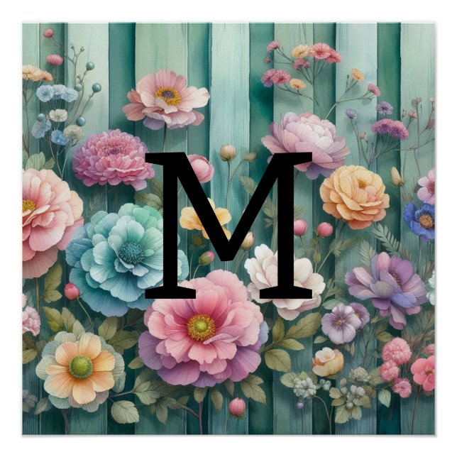 Póster Pastas de monograma com aquarela flores em madeira (Frente)