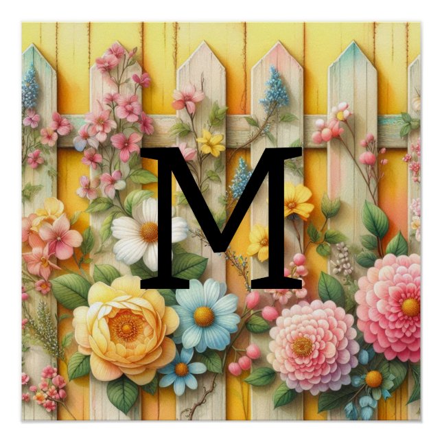 Póster Pastas de monograma de aquarelas flores de madeira (Frente)