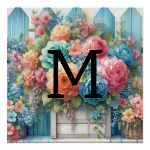 Póster Pastas de monograma de aquarelas flores de madeira