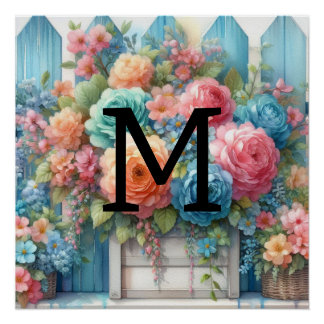 Póster Pastas de monograma de aquarelas flores de madeira