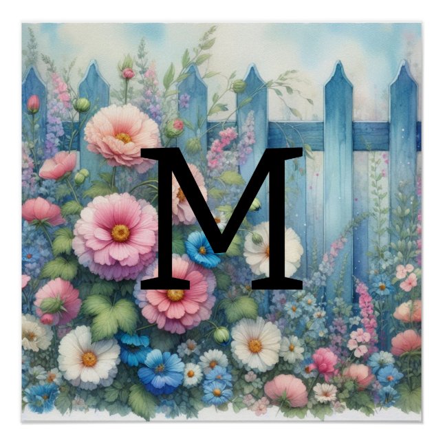 Póster Pastas de monograma de aquarelas flores de madeira (Frente)