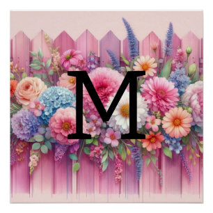 Póster Pastas de monograma de aquarelas flores em madeira