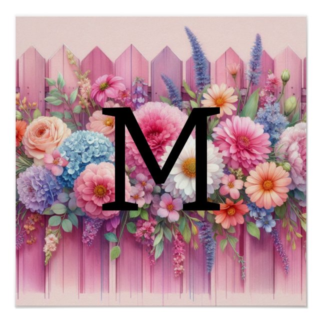 Póster Pastas de monograma de aquarelas flores em madeira (Frente)