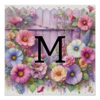 Póster Pastas de monograma de aquarelas flores em madeira
