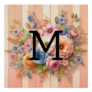 Póster Pastas de monograma de aquarelas flores em madeira