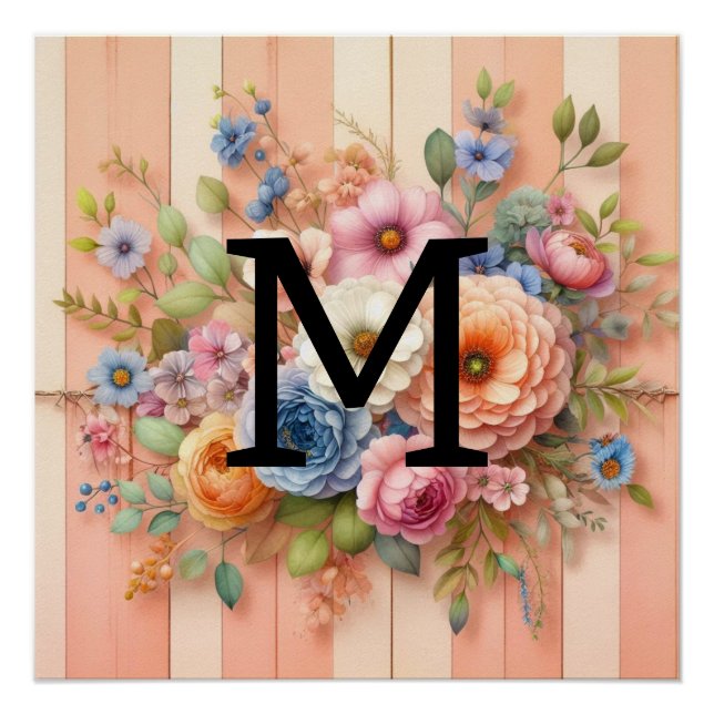 Póster Pastas de monograma de aquarelas flores em madeira (Frente)