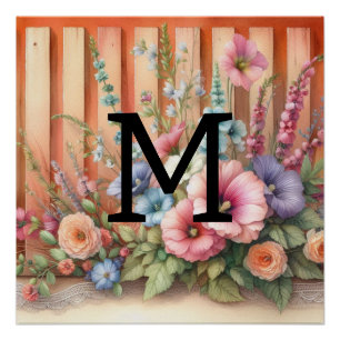 Póster Pastas de monograma de aquarelas flores em madeira