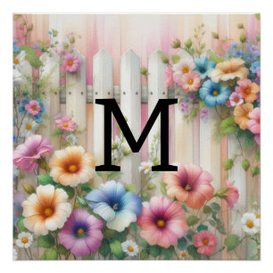 Póster Pastas de monograma de aquarelas flores em madeira