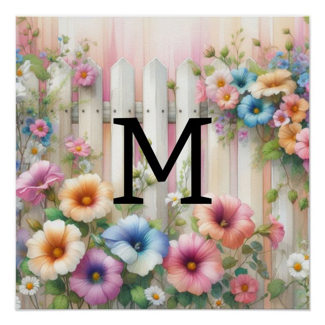 Póster Pastas de monograma de aquarelas flores em madeira (Frente)