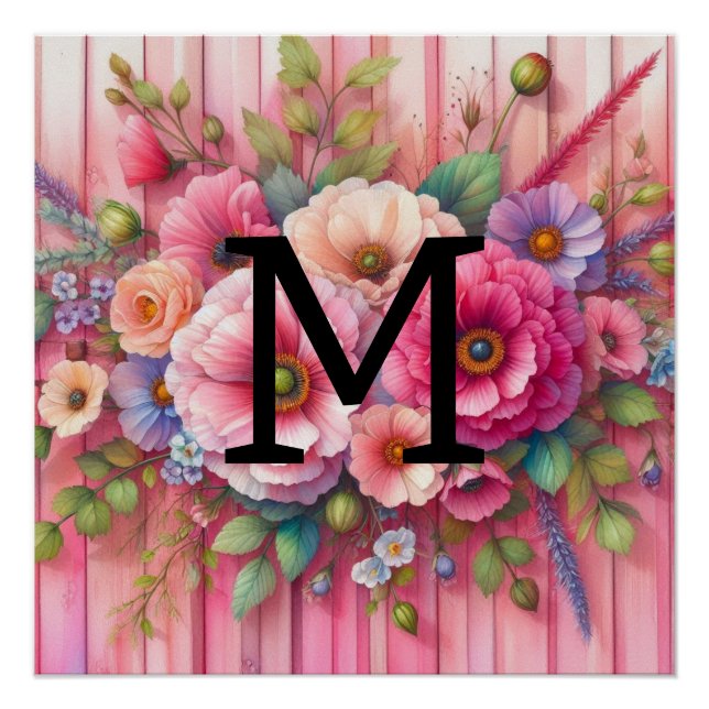 Póster Pastas de monograma de aquarelas flores em madeira (Frente)