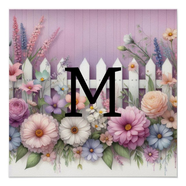 Póster Pastas de monograma de aquarelas flores em madeira (Frente)