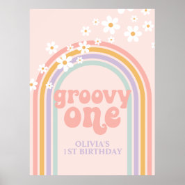 Poster Pastel Arco-Íris Retro Groovy Um 1º Aniversário
