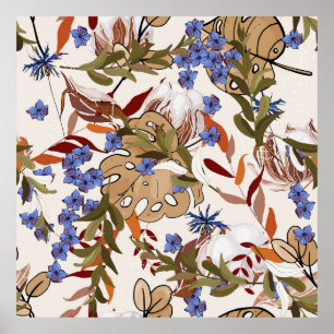 Poster Pastel blooming Flowers lily with green leaves. Re
