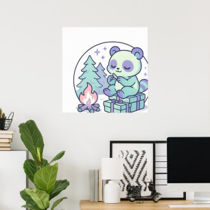 Poster Pastel Bonito Panda pela fogueira com presentes