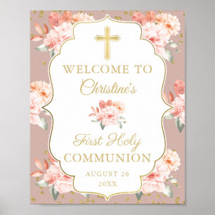 Poster Pastel Coral Floral Primeira Comunhão de Boas-vind