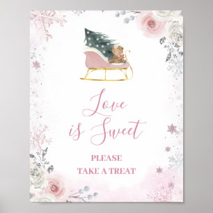 Poster Pastel de Inverno Rosa Floco de Neve Trenó O Amor
