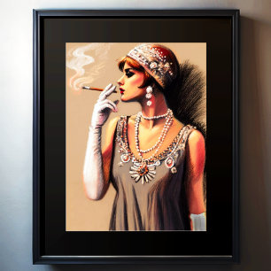 Poster Pastel Drawing 1920's Flapper Girl Smoking