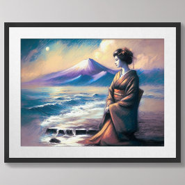 Poster Pastel Drawing Geisha Ocean Fuji