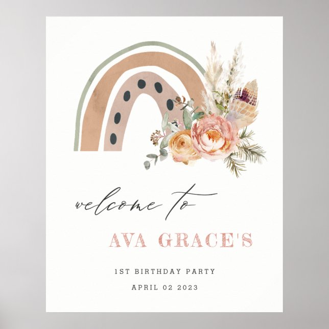 Poster Pastel Dusky Boho Floral Rainbow Aniversário Bem-v (Frente)