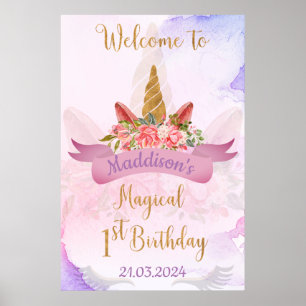 Poster Pastel Floral Unicorn Festa de aniversário Bem-vin