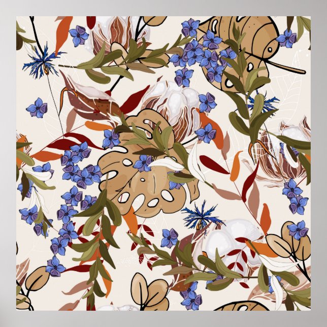 Poster Pastel florescente Flores com folhas verdes. Re (Frente)